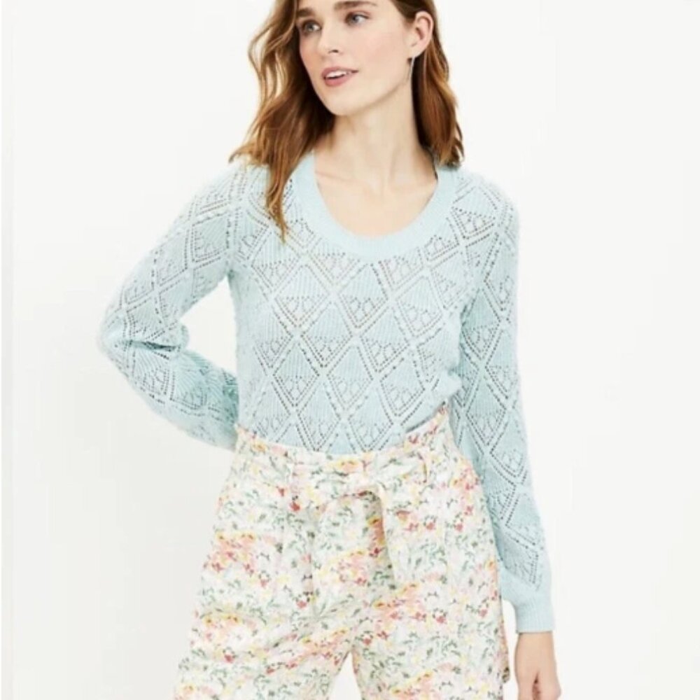 NWT LOFT Pointelle Pullover Sweater Scoop Neck Women's Size XS Clear Aqua Cotton